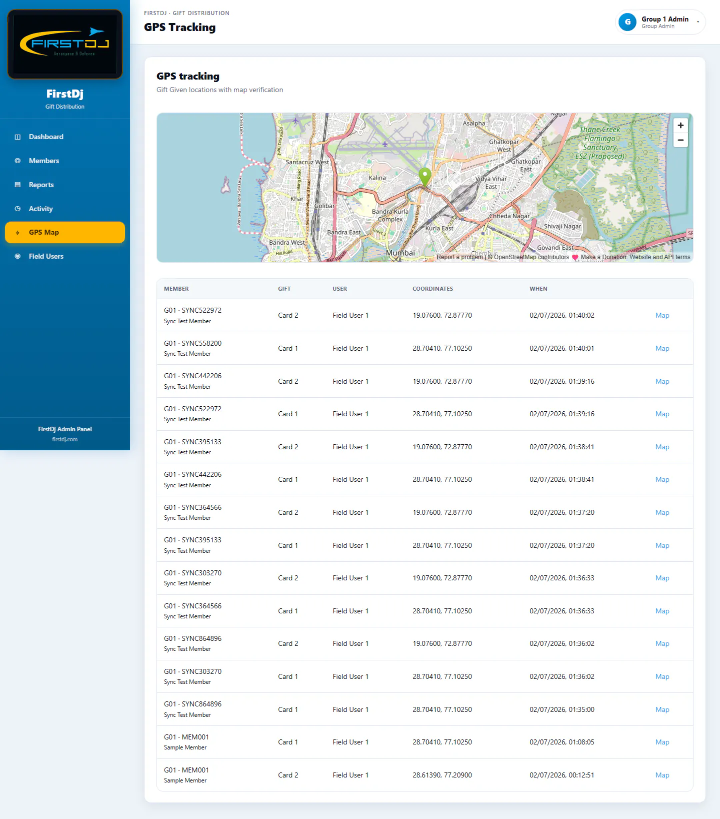 Gift Distribution & Verification System - Manager GPS Map