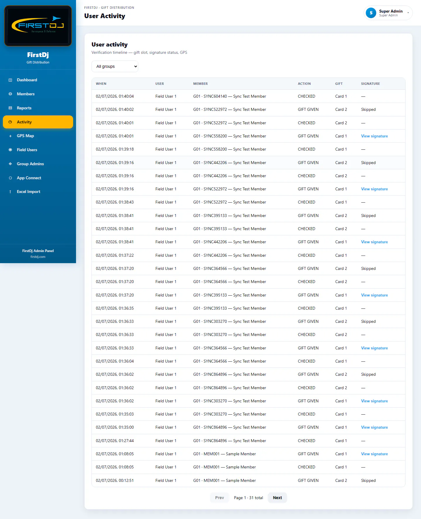 Gift Distribution & Verification System - Activity Audit Trail