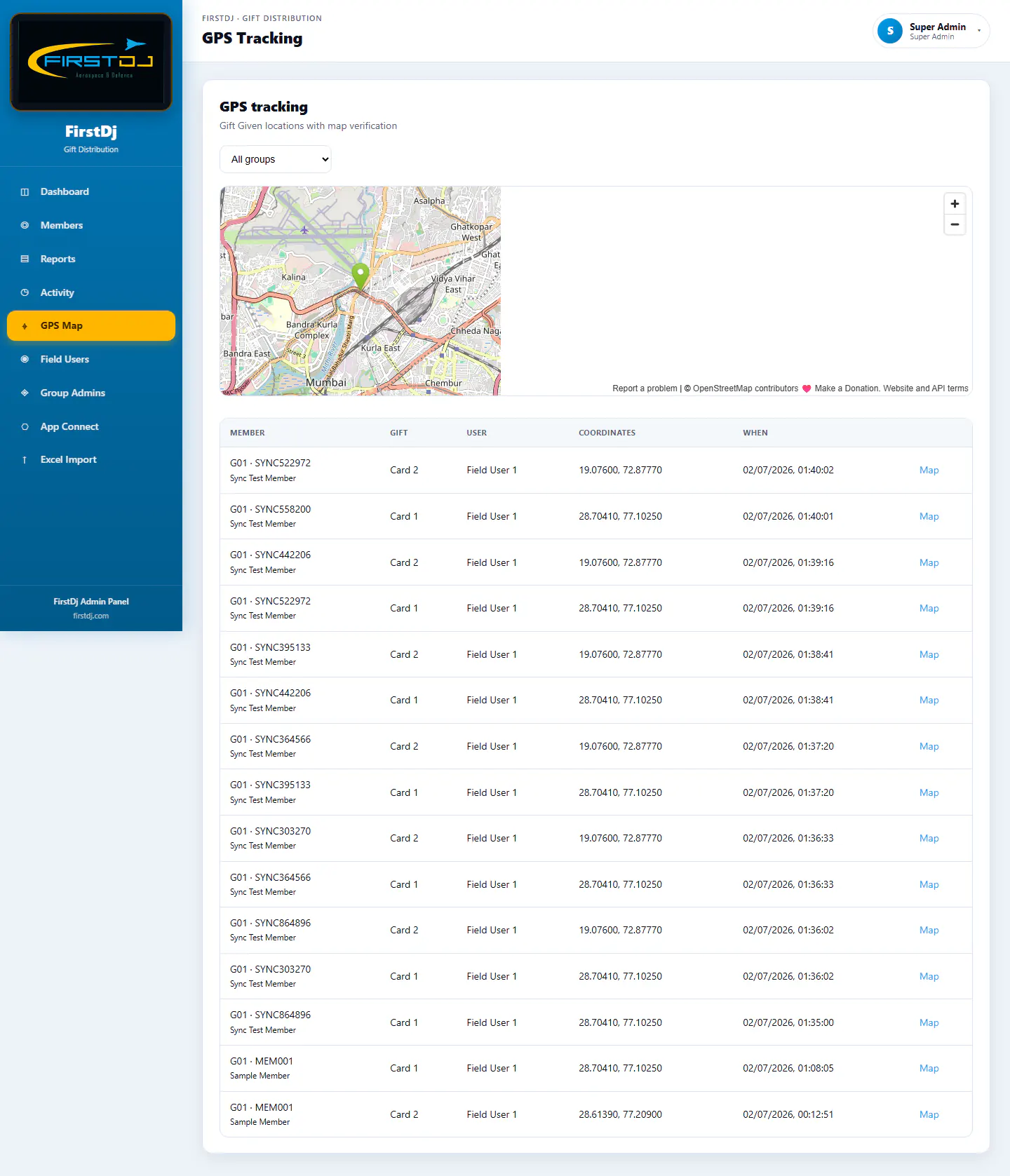 Gift Distribution & Verification System - GPS Verification Map