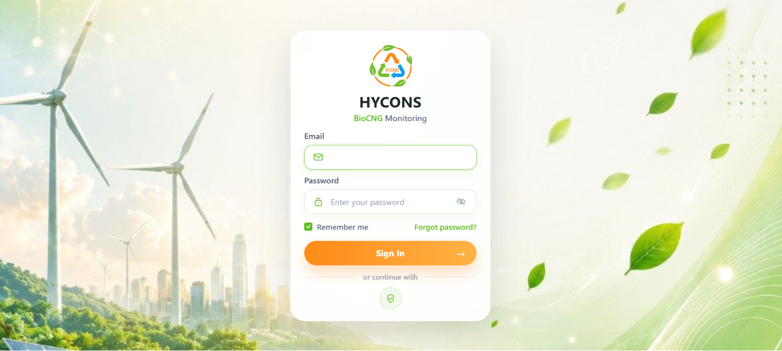Hycons BioCNG Monitoring Dashboard - Login Page